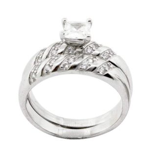 JUEGO 3 ANILLOS DE MATRIMONIO ANILLO CIRCONIA CUADRADA CON FILAS DE CIRCONIAS EN DIAGONAL 1-08896