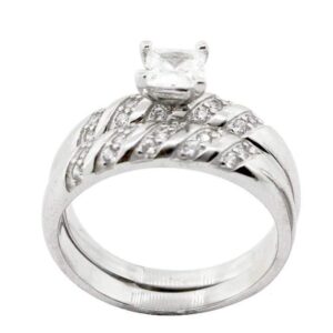 JUEGO 3 ANILLOS DE MATRIMONIO ANILLO CIRCONIA CUADRADA CON FILAS DE CIRCONIAS EN DIAGONAL 1-08896