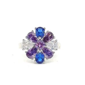 ANILLO CON GOTAS DE  CIRCONIAS BLANCAS AZULES Y LILA COON ROMBO LILA EN MEDIO 1-12201